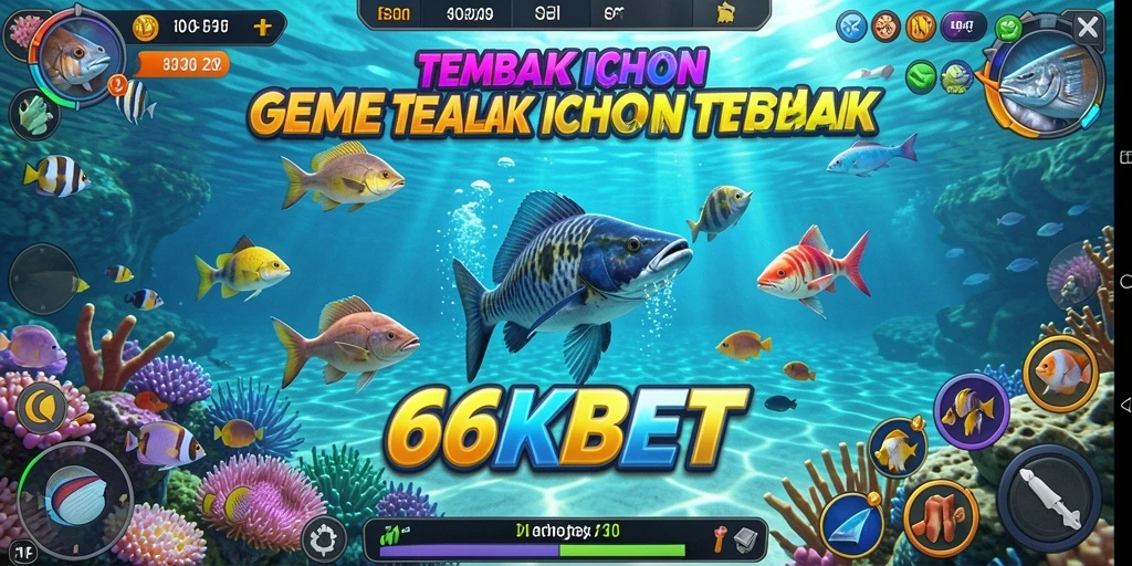 Screenshot gameplay 66KBET menampilkan aksi seru dengan ikan berwarna-warni.