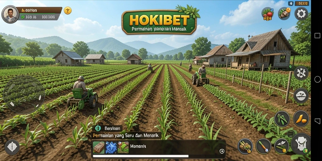 Screenshot HOKIBET menampilkan petani yang merawat kebun dengan berbagai tanaman.