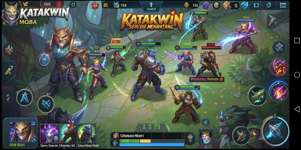 Tampilan gameplay KATAKWIN dengan pertempuran MOBA yang seru.