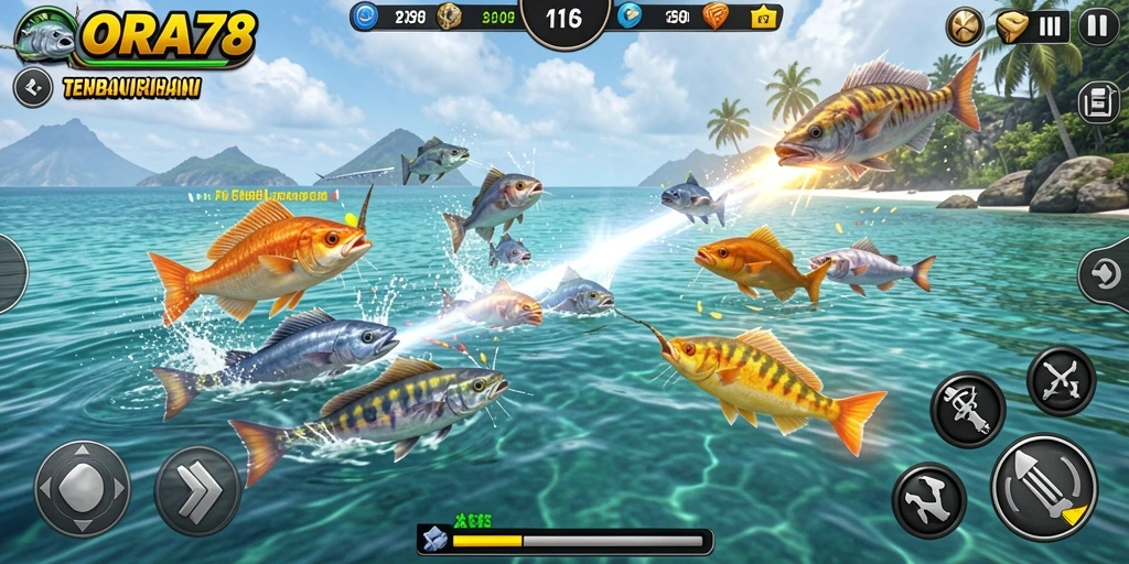 Tampilan gameplay menakjubkan dari ORA78 dengan ikan berwarna-warni.